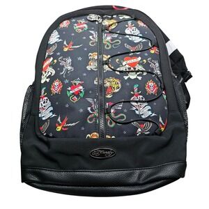 Ed Hardy Tattoo Print Backpack Multi Color Black Vegan Leather 17"x14"x7" NWT